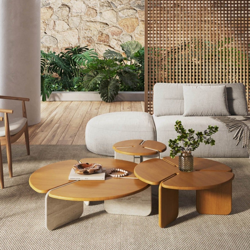 Mesa de Centro Individual Trivory Design Redondo Tampo Madeira Maciça Base Tripla em Pedra Natural 