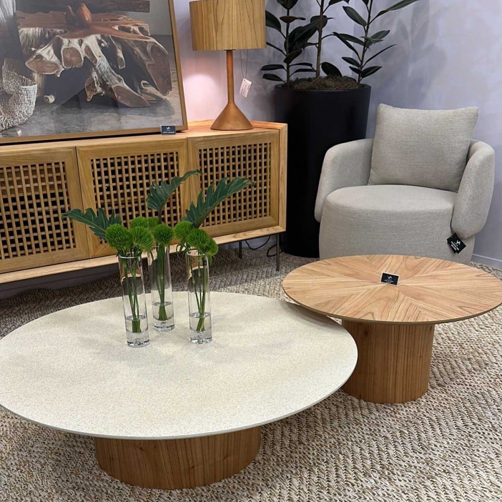 Mesa de Centro Zidara Tampo Redondo em Mineral Base Cilíndrica em Lâmina Cinamomo Design by Studio 3 Design
