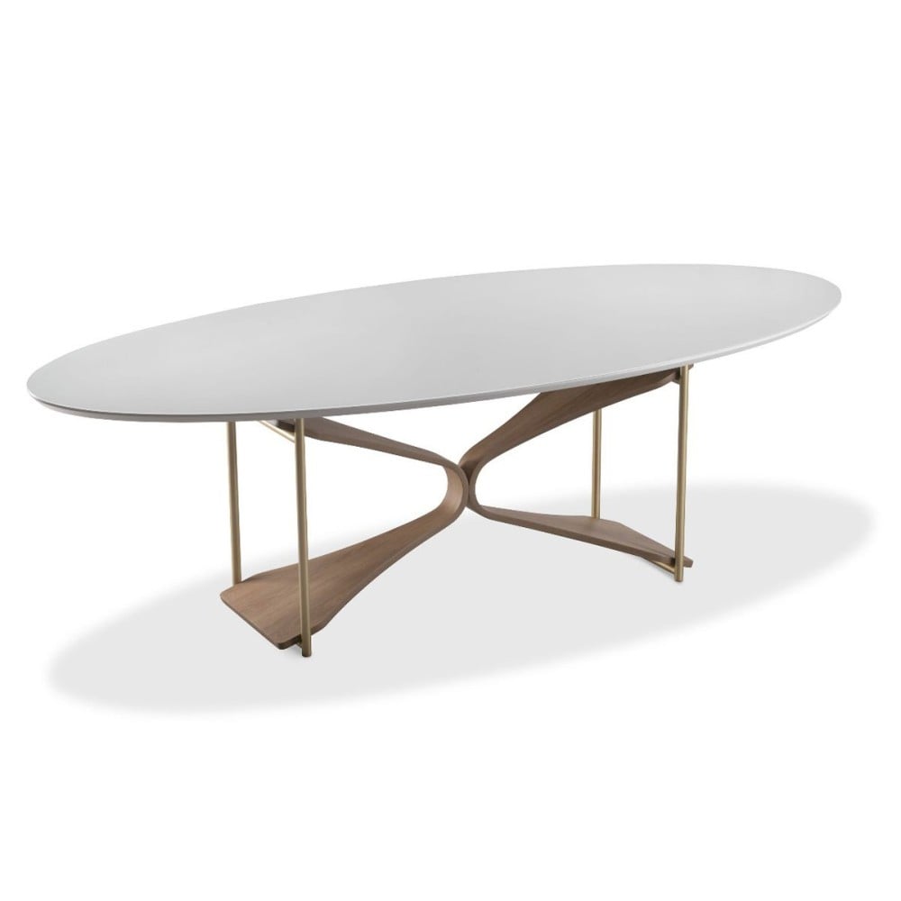 Mesa de Jantar Heivin Oval Tampo com Vidro Pintado Base com Laminado Melamínico Detalhe em Aço Carbono