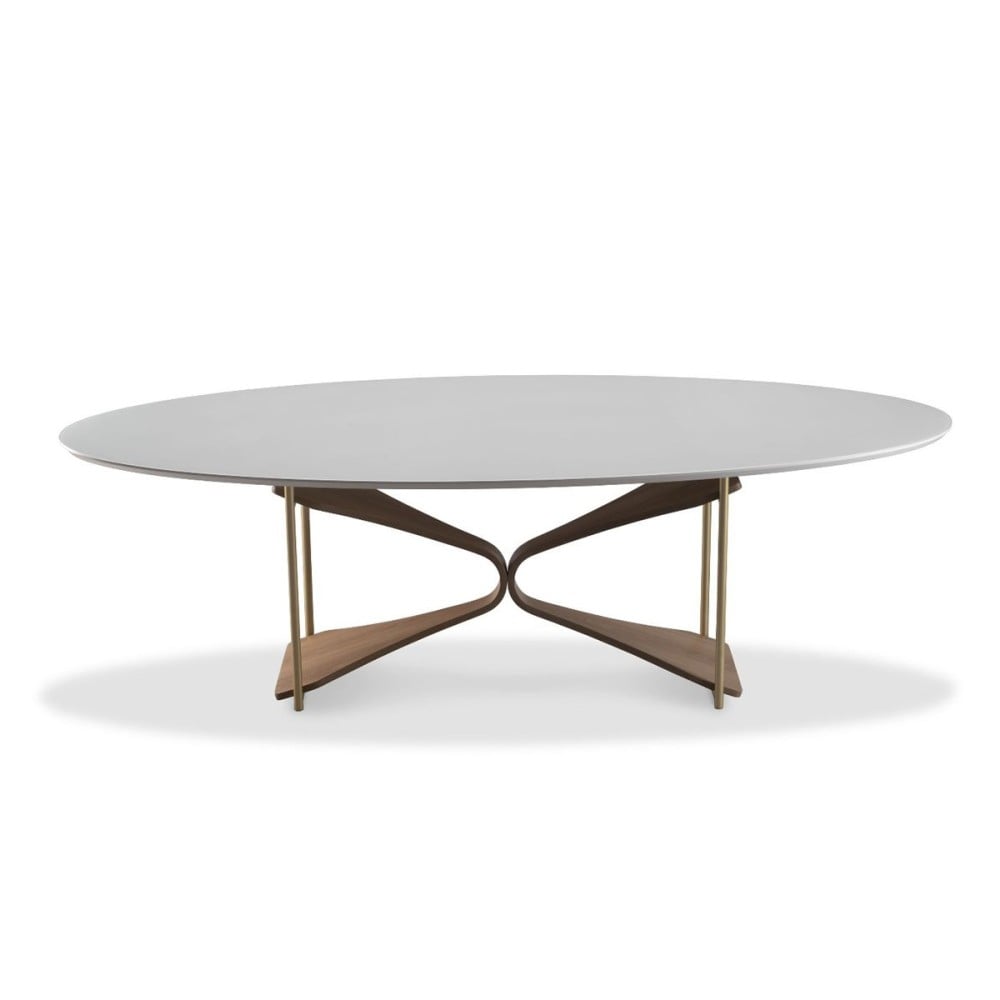 Mesa de Jantar Heivin Oval Tampo com Vidro Pintado Base com Laminado Melamínico Detalhe em Aço Carbono