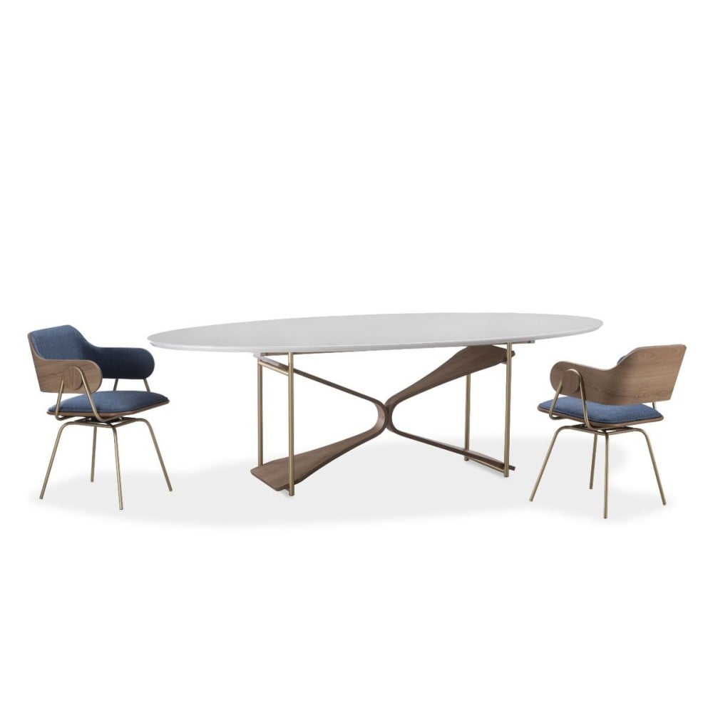 Mesa de Jantar Heivin Oval Tampo com Vidro Pintado Base com Laminado Melamínico Detalhe em Aço Carbono