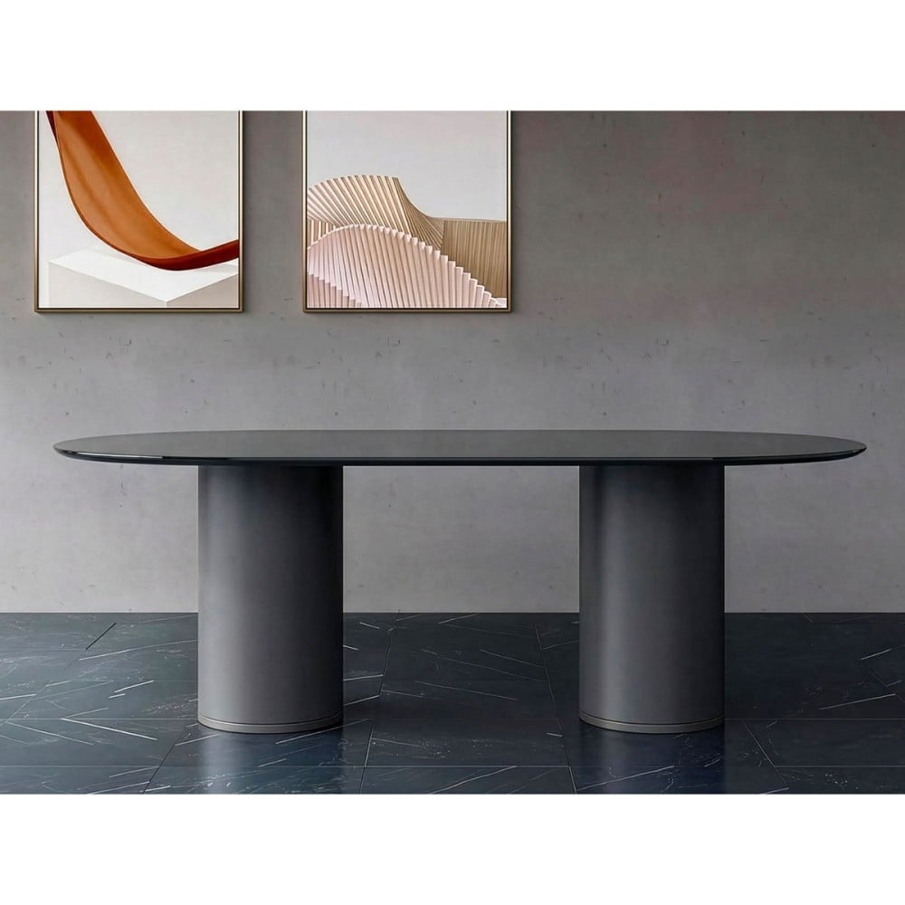 Mesa de Jantar Khonsu Tampo Oblongo Lâmina Cinamomo Bases Cilíndricas em Laca e Rodapé em Pintura Epóxi