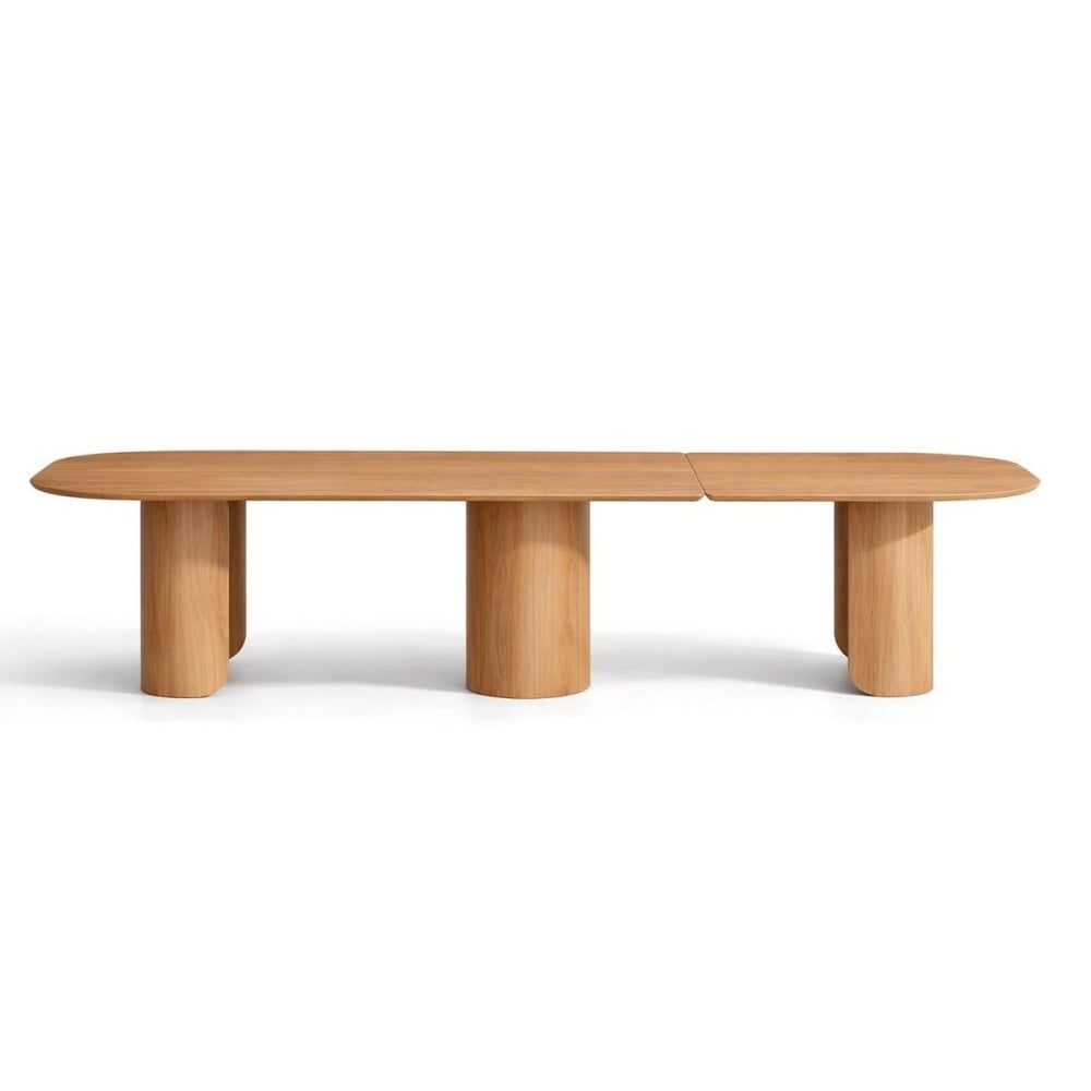 Mesa de Jantar Persis Tampo Bipartido Laminado com Extensão em Lâmina Invertida Base Madeira de Manejo Design by Studio 3 Design