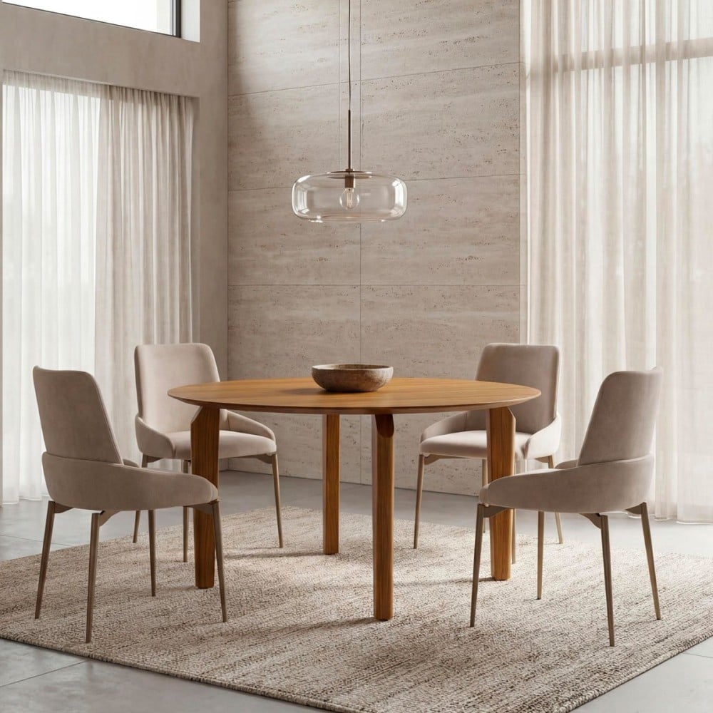 Mesa de Jantar Potyra Design Redondo Tampo Lâmina Cinamomo Base Madeira Maciça Tingida
