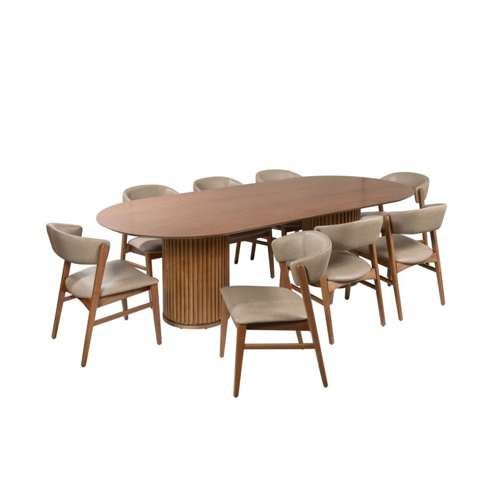 Mesa de Jantar Raiana Tampo Oblongo Laminado em Cinamomo Bases Cilíndricas Ripadas com Detalhe Circular