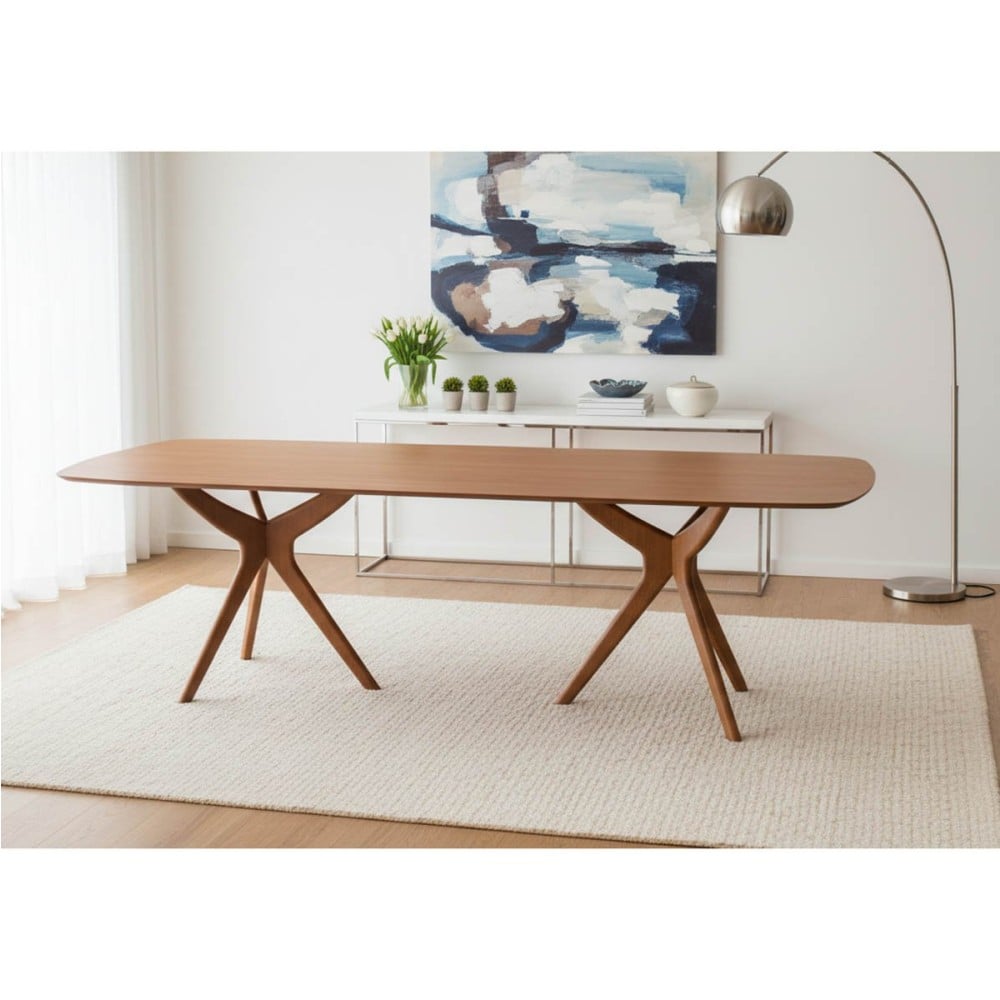 Mesa de Jantar Surya Barril Tampo Lâmina Cinamomo Base Madeira Maciça Tingida