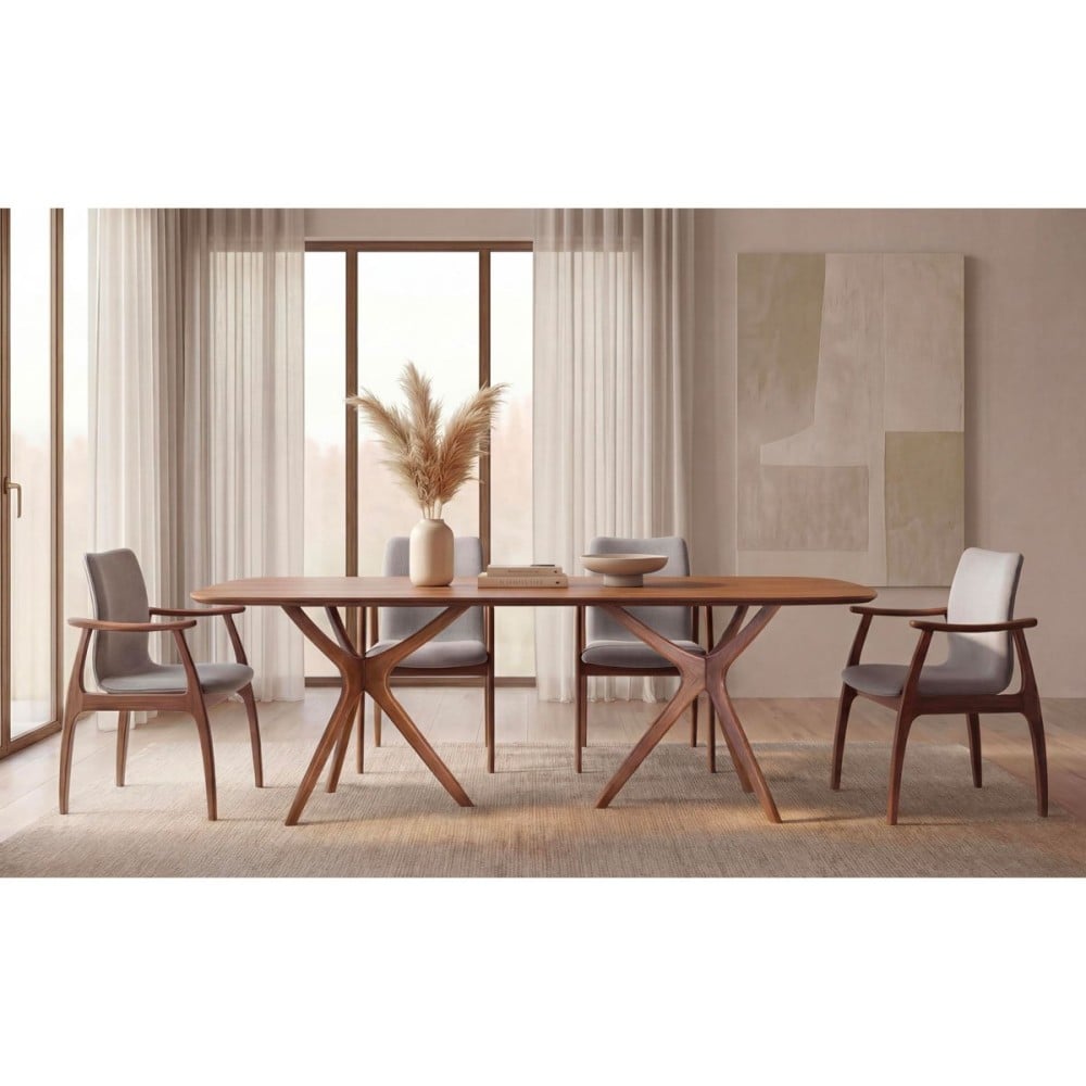 Mesa de Jantar Surya Tampo Retangular Barril Lâmina Cinamomo Base Madeira Maciça Tingida