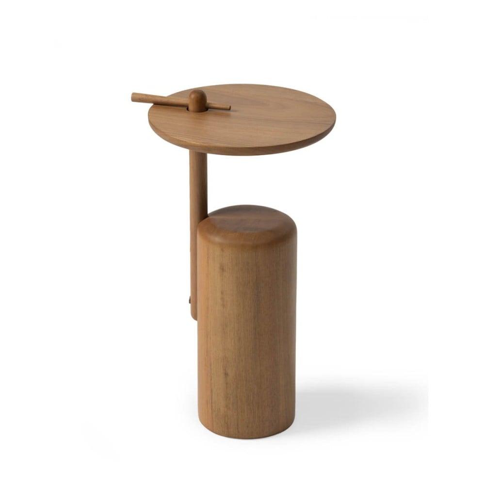Mesa Lateral Assella Redonda Base Cilíndrica Estrutura em Madeira Maciça Design by Estúdio Galho