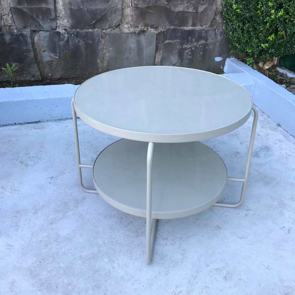 Mesa Lateral Camden Tampos Redondos em Espelho e Vidro Marmorizado Estrutura em Aço Carbono com Pintura Epóxi