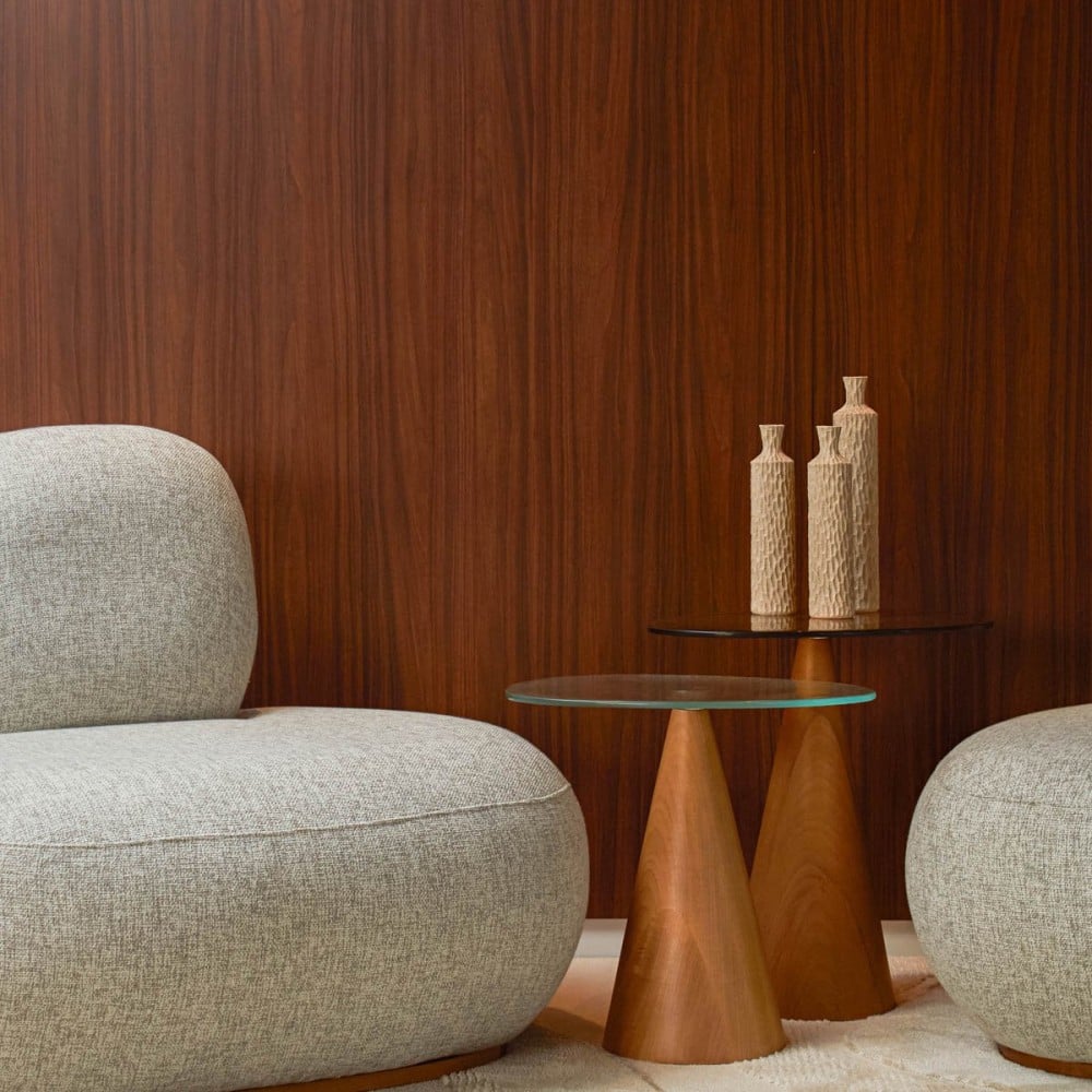 Mesa Lateral Demetry Duo Design Orgânico Tampo Pedra Natural e Vidro Base em Madeira Maciça