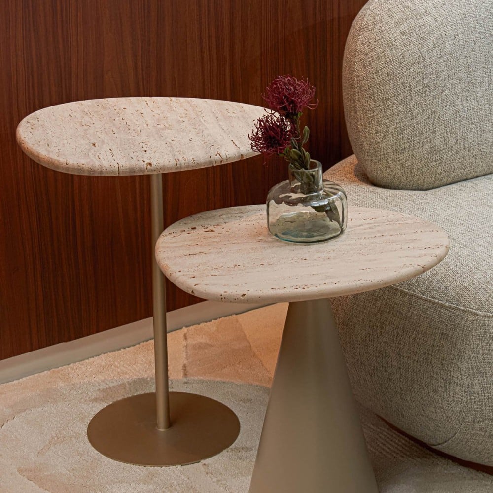 Mesa Lateral Demetry Duo Design Orgânico Tampo Pedra Natural e Vidro Base em Madeira Maciça