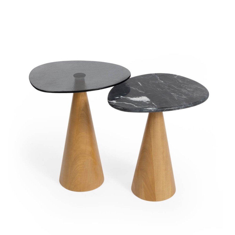Mesa Lateral Demetry Duo Design Orgânico Tampo Pedra Natural e Vidro Base em Madeira Maciça
