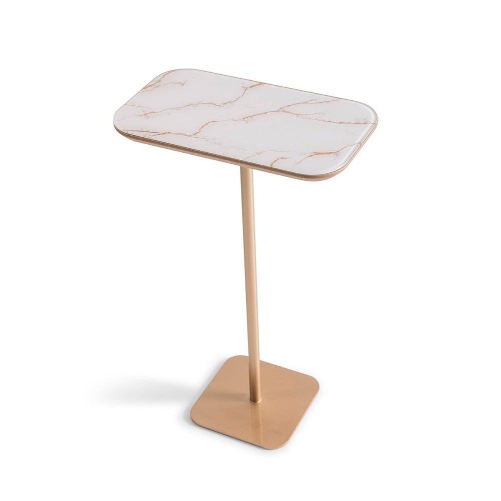 Mesa Lateral Elyon Linea Tampo Retangular com Vidro Impresso Base Quadrada e Haste em Aço Carbono com Pintura Metalizada