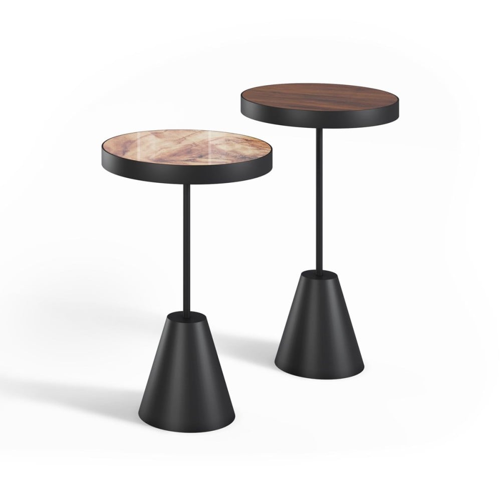 Mesa Lateral Emona Redonda Tampo Madeira com Aro Metálico Haste e Base Cônica Aço Carbono com Pintura Epóxi 