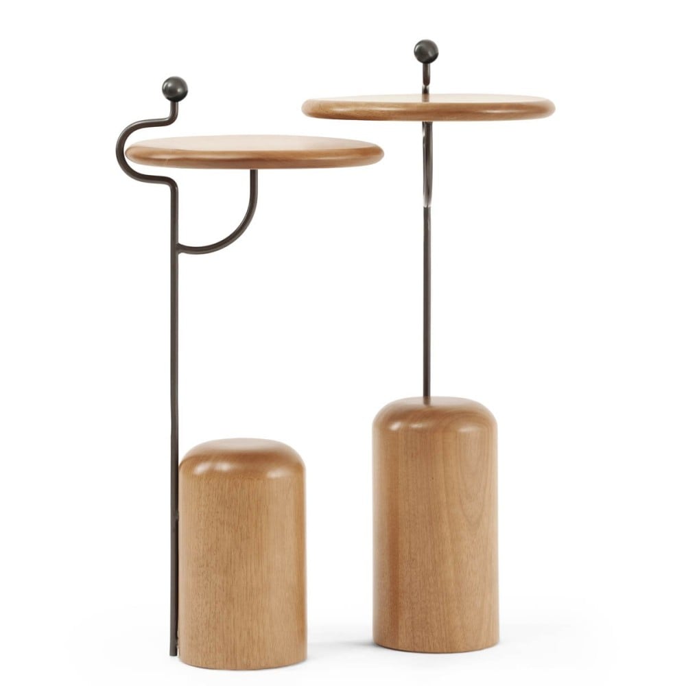 Mesa Lateral Fithis Redonda Base Cilíndrica Estrutura em Madeira Maciça Haste em Metal Detalhe Ponta em Madeira Design by Lucas Azevedo