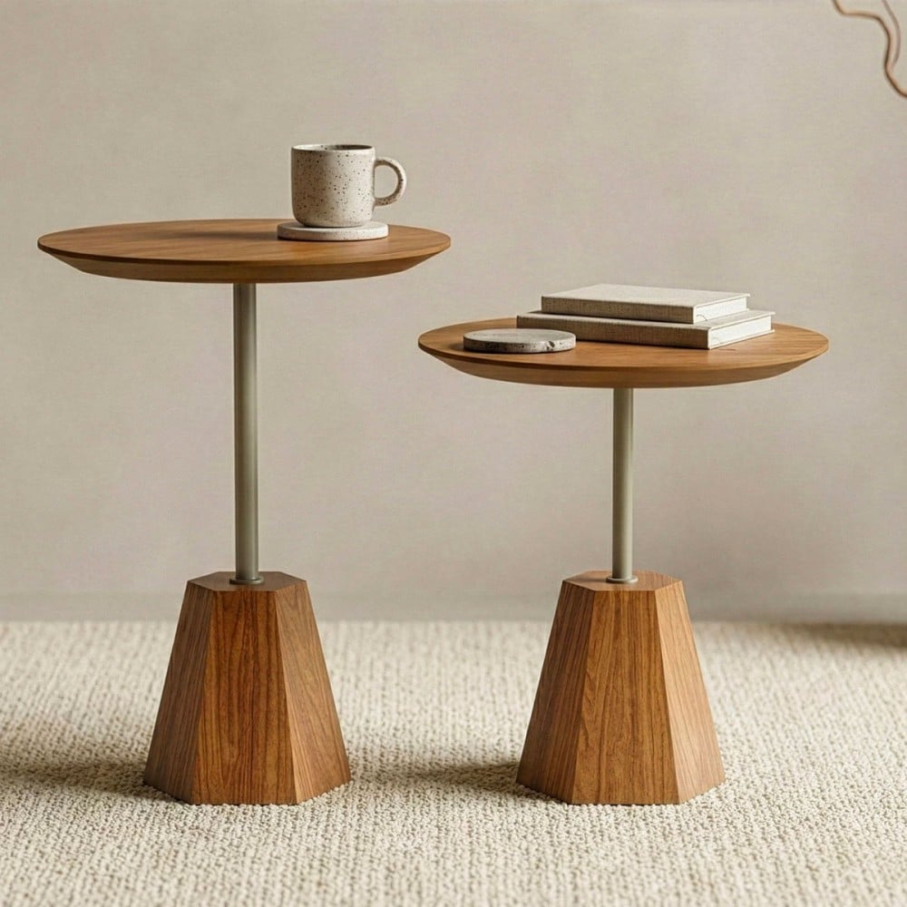 Mesa Lateral Fyllon Tampo Redondo Base Hexagonal Estrutura Madeira Laminada