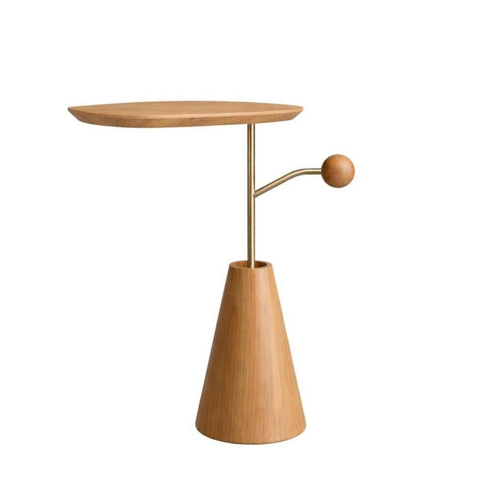 Mesa Lateral Hiana Design Orgânico Tampo Laminado Base Cônica em Madeira Haste em Metal Design by Thaynara Elizei