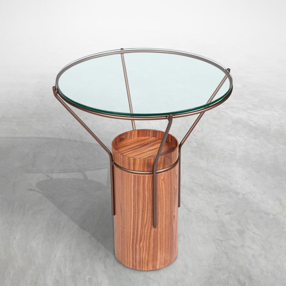 Mesa Lateral Lótus Tampo com Vidro Base Lâmina Natural de Madeira Hastes e Aro em Metal