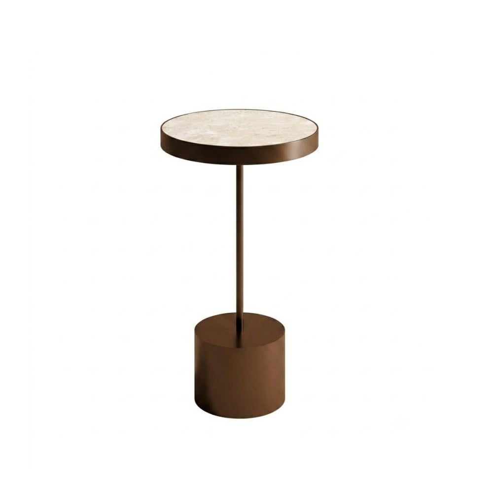 Mesa Lateral Lovenna Redonda Tampo Vidro Marmorizado com Aro Metálico Base Aço Carbono com Pintura Epóxi