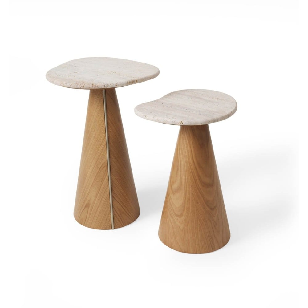 Mesa Lateral Montilo Design Orgânico Tampo em Pedra Natural Base Compensado Laminado Detalhe Metálico