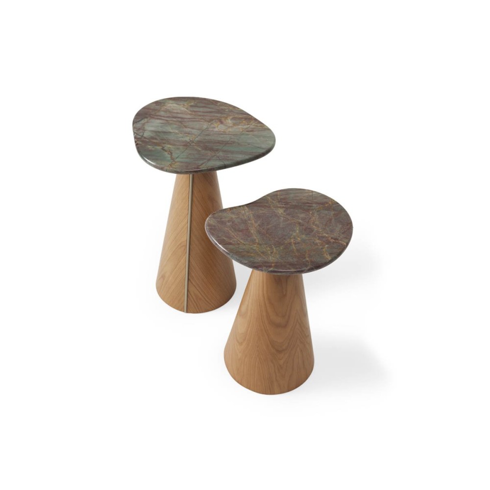Mesa Lateral Montilo Design Orgânico Tampo em Pedra Natural Base Compensado Laminado Detalhe Metálico