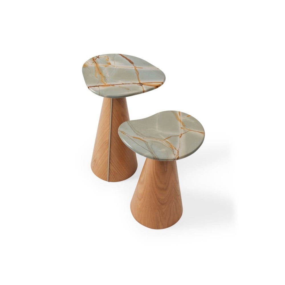 Mesa Lateral Montilo Design Orgânico Tampo em Pedra Natural Base Compensado Laminado Detalhe Metálico
