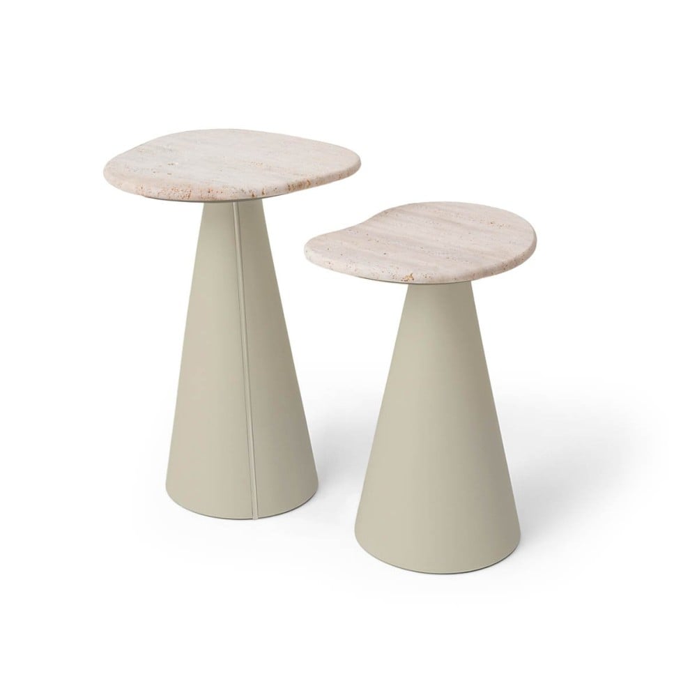 Mesa Lateral Montilo Design Orgânico Tampo em Pedra Natural Base Compensado Laminado Detalhe Metálico