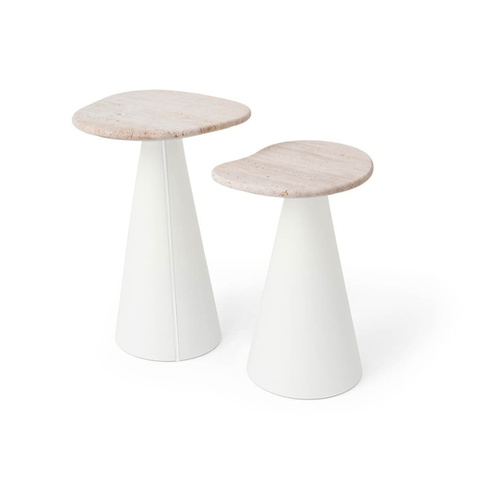 Mesa Lateral Montilo Design Orgânico Tampo em Pedra Natural Base Compensado Laminado Detalhe Metálico