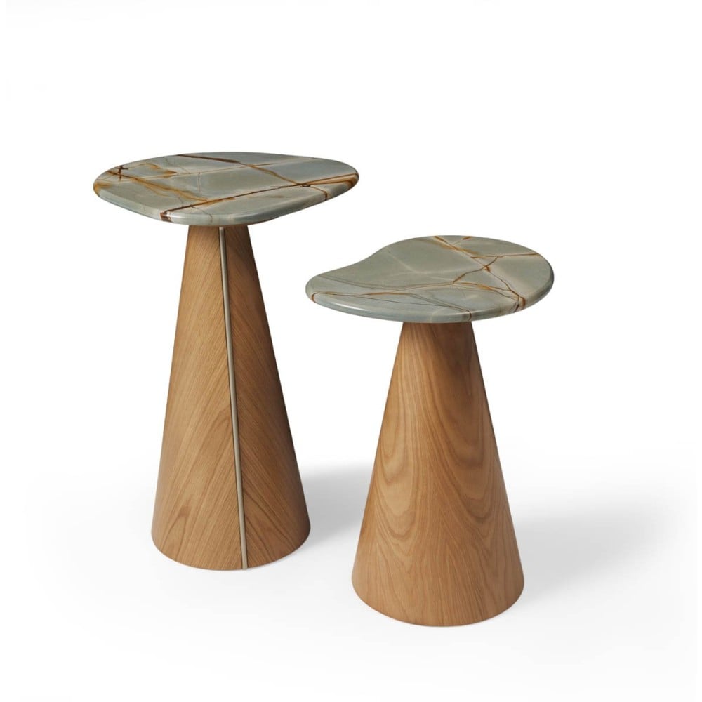 Mesa Lateral Montilo Design Orgânico Tampo em Pedra Natural Base Compensado Laminado Detalhe Metálico