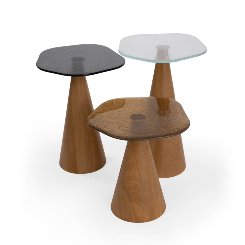 Mesa Lateral Individual Nefery Design Orgânico Tampo Vidro Base em Madeira Maciça