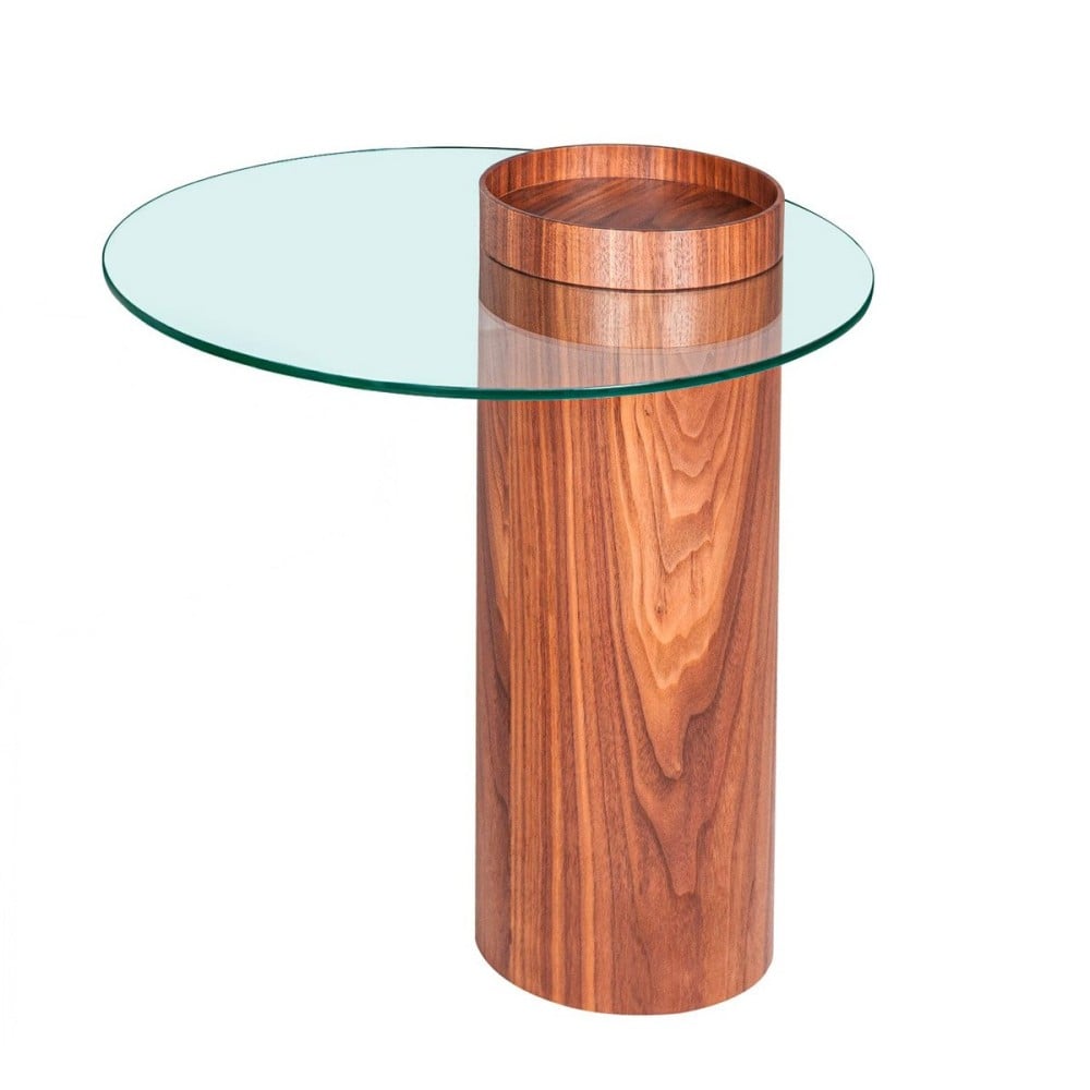 Mesa Lateral Pillar Tampo com Vidro Base Lâmina Natural de Madeira
