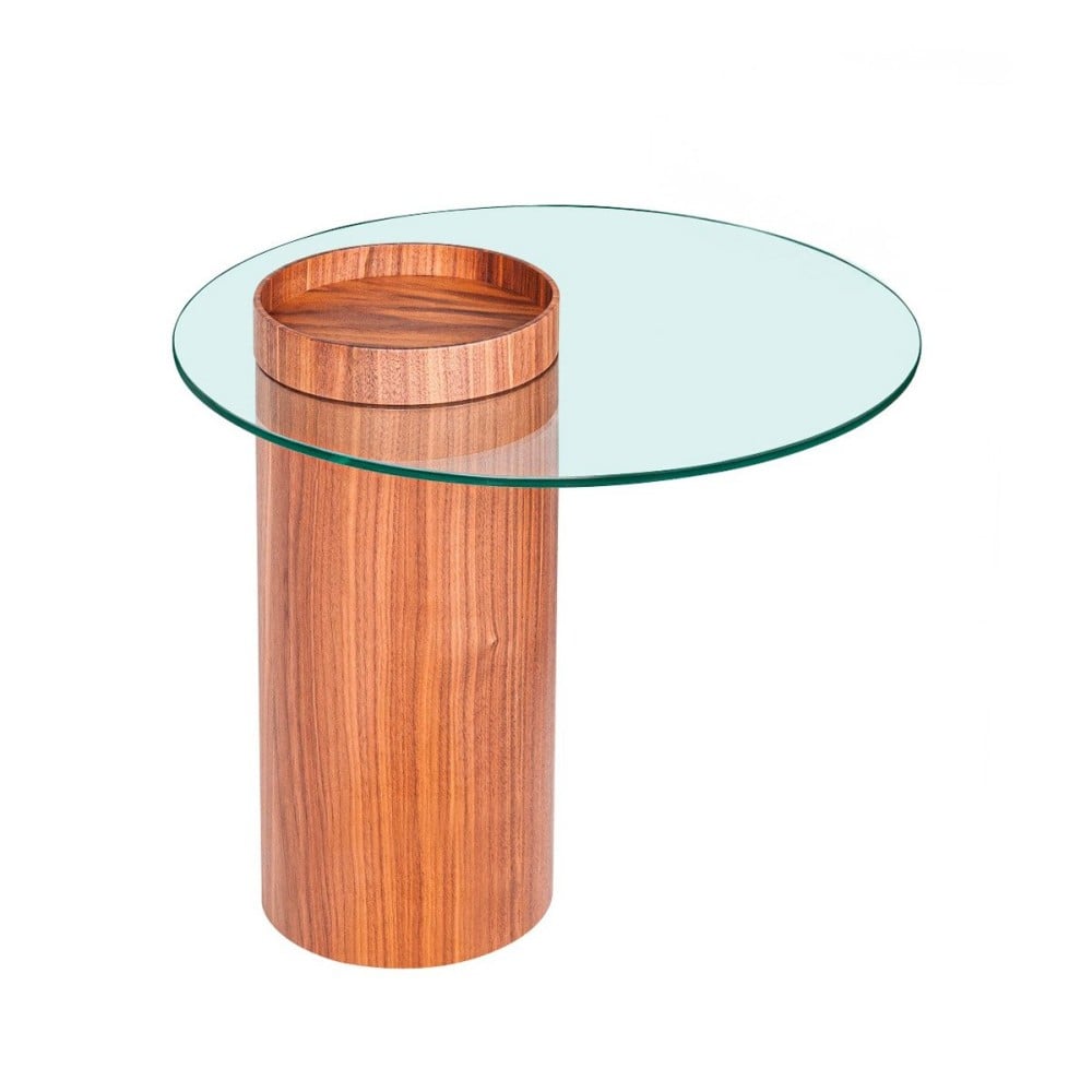 Mesa Lateral Pillar Tampo com Vidro Base Lâmina Natural de Madeira