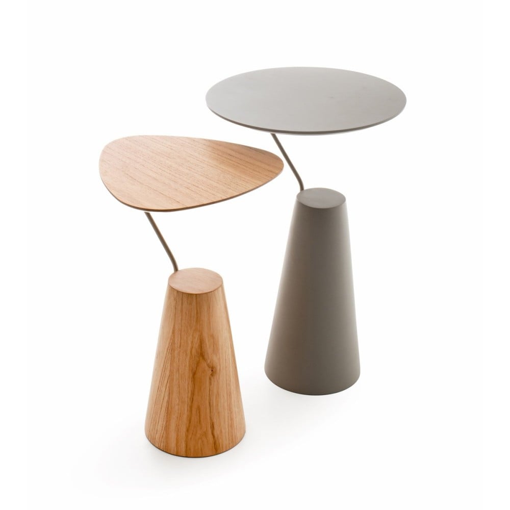 Mesa Lateral Rannier Duo Estrutura com Tampo Orgânico em Lâmina Natural e Estrutura com Tampo Redondo Laqueada Hastes em Metal