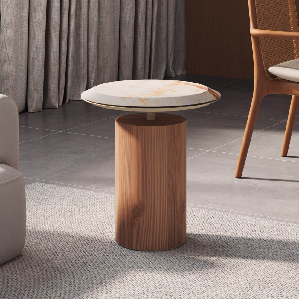 Mesa Lateral Urano Tampo com Pedra Natural Base em Sabi Detalhe em Pintura Laca Design by Ampezzan e Maciel Arquitetos