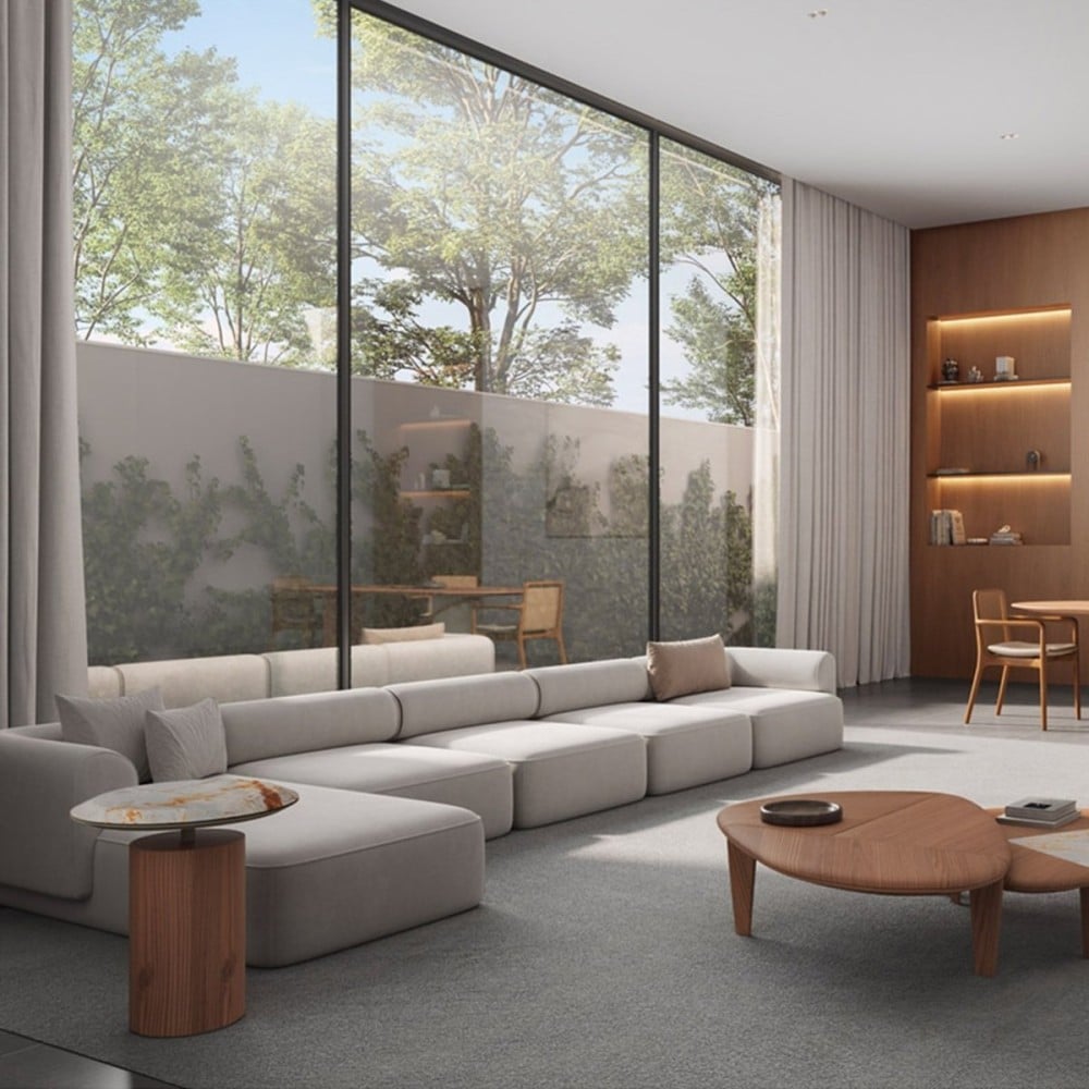Mesa Lateral Urano Tampo com Pedra Natural Base em Sabi Detalhe em Pintura Laca Design by Ampezzan e Maciel Arquitetos