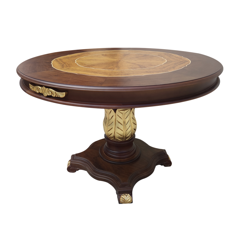 Mesa de Jantar Versalhes Redonda Detalhes em Marchetaria Madeira Eucalipto Design Clássico