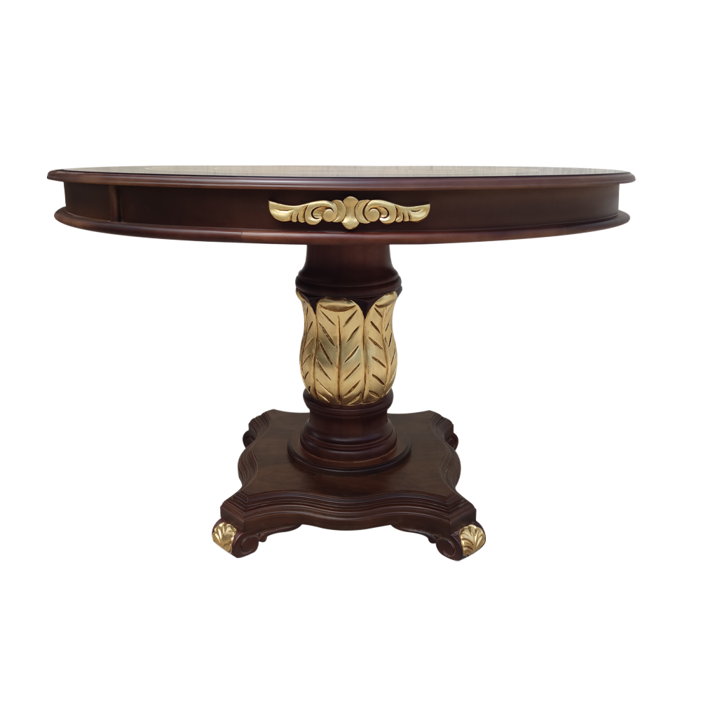 Mesa de Jantar Versalhes Redonda Detalhes em Marchetaria Madeira Eucalipto Design Clássico