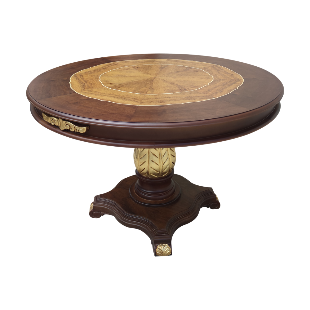 Mesa de Jantar Versalhes Redonda Detalhes em Marchetaria Madeira Eucalipto Design Clássico