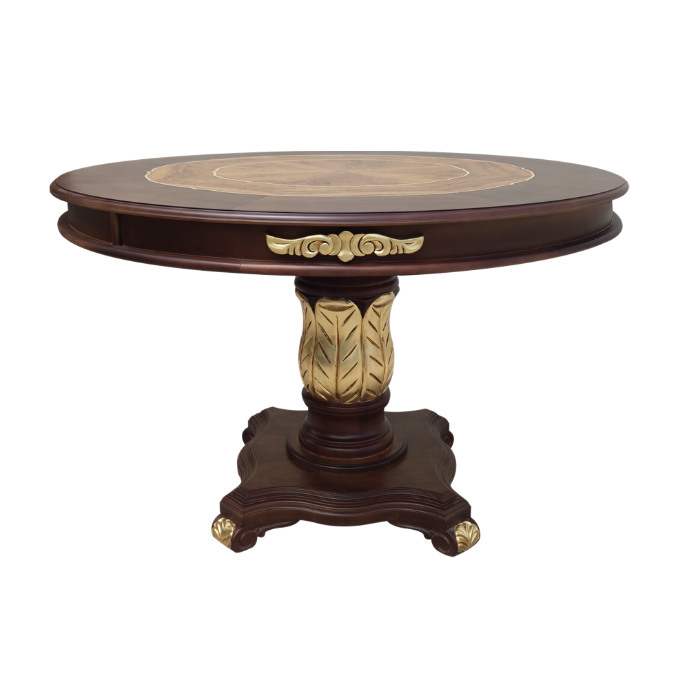 Mesa de Jantar Versalhes Redonda Detalhes em Marchetaria Madeira Eucalipto Design Clássico