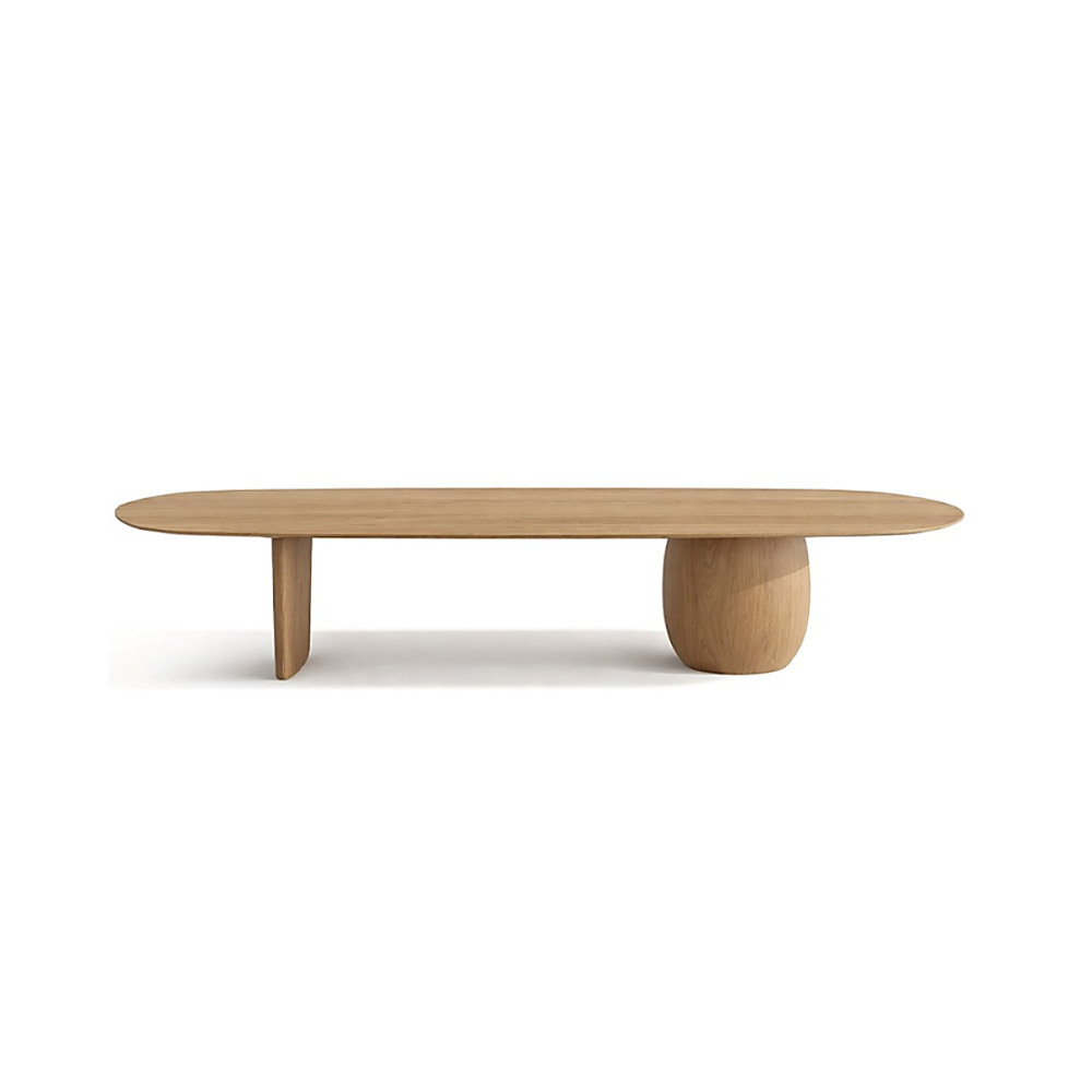 Mesa de Centro Porto II em Madeira Maciça com Tampo Oblongo e Bases Assimétricas em Mineral e Madeira Design by Studio Traço