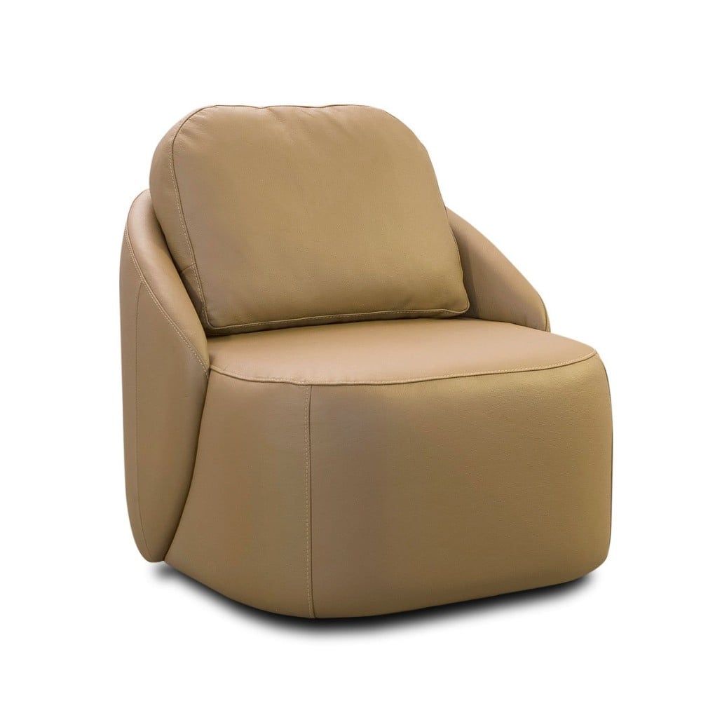 Poltrona Nyzza Base Giratória Couro Natural Almofada Solta Estrutura Madeira de Lei Eucalipto Design Artesanal