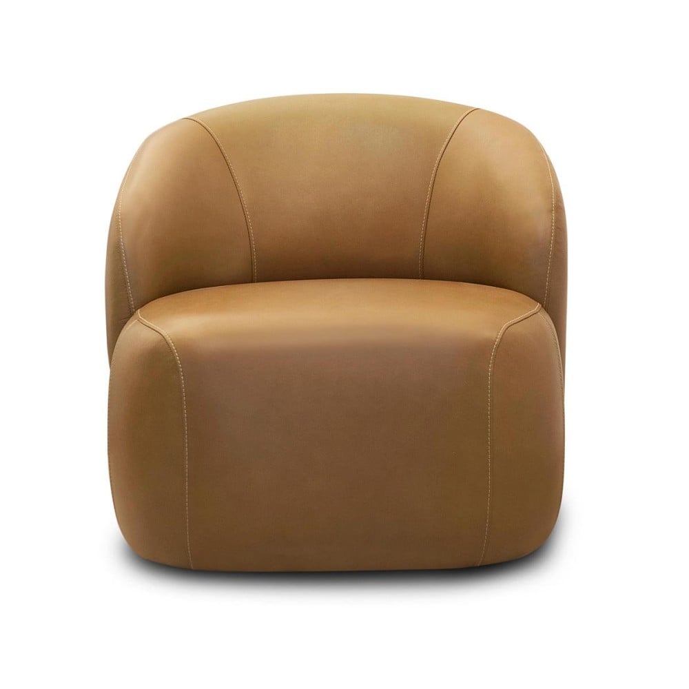 Poltrona Giratória Pérlonne Couro Natural Estrutura Madeira de Lei Eucalipto Design Artesanal