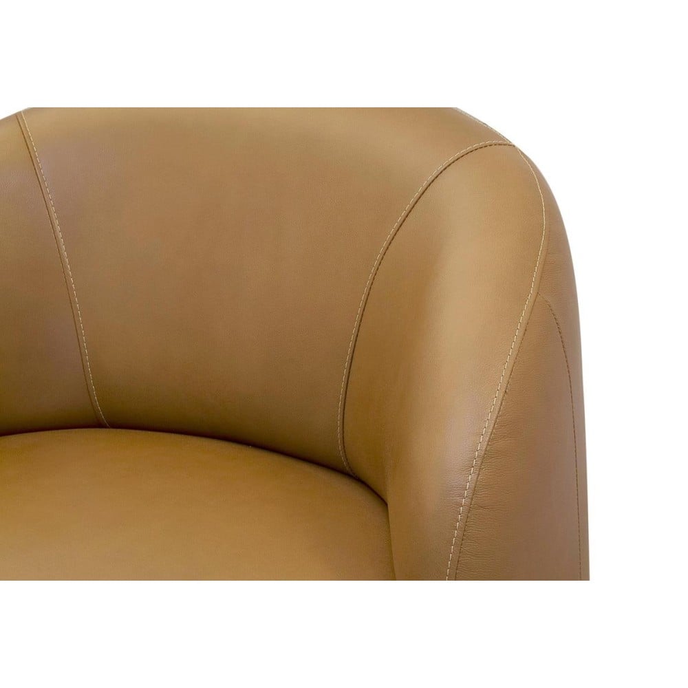 Poltrona Giratória Pérlonne Couro Natural Estrutura Madeira de Lei Eucalipto Design Artesanal