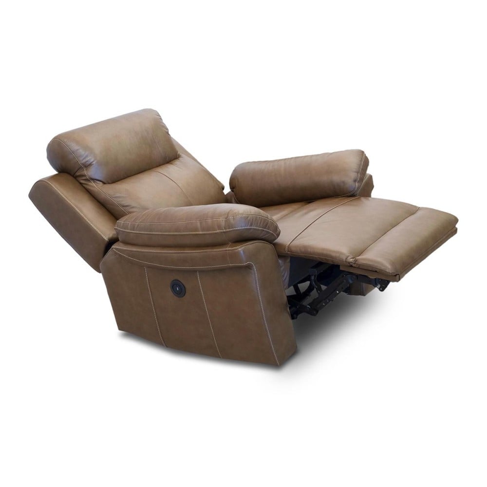 Poltrona Ravelle Couro Natural Reclinável Elétrica Power Estrutura Madeira de Lei Eucalipto Design Artesanal