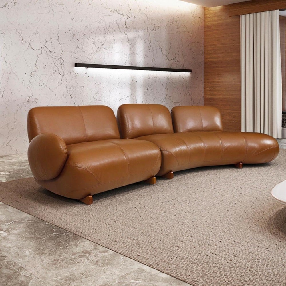 Sofá com Chaise Curva Columbia 2 Módulos em Couro Legítimo Pés em Madeira Maciça