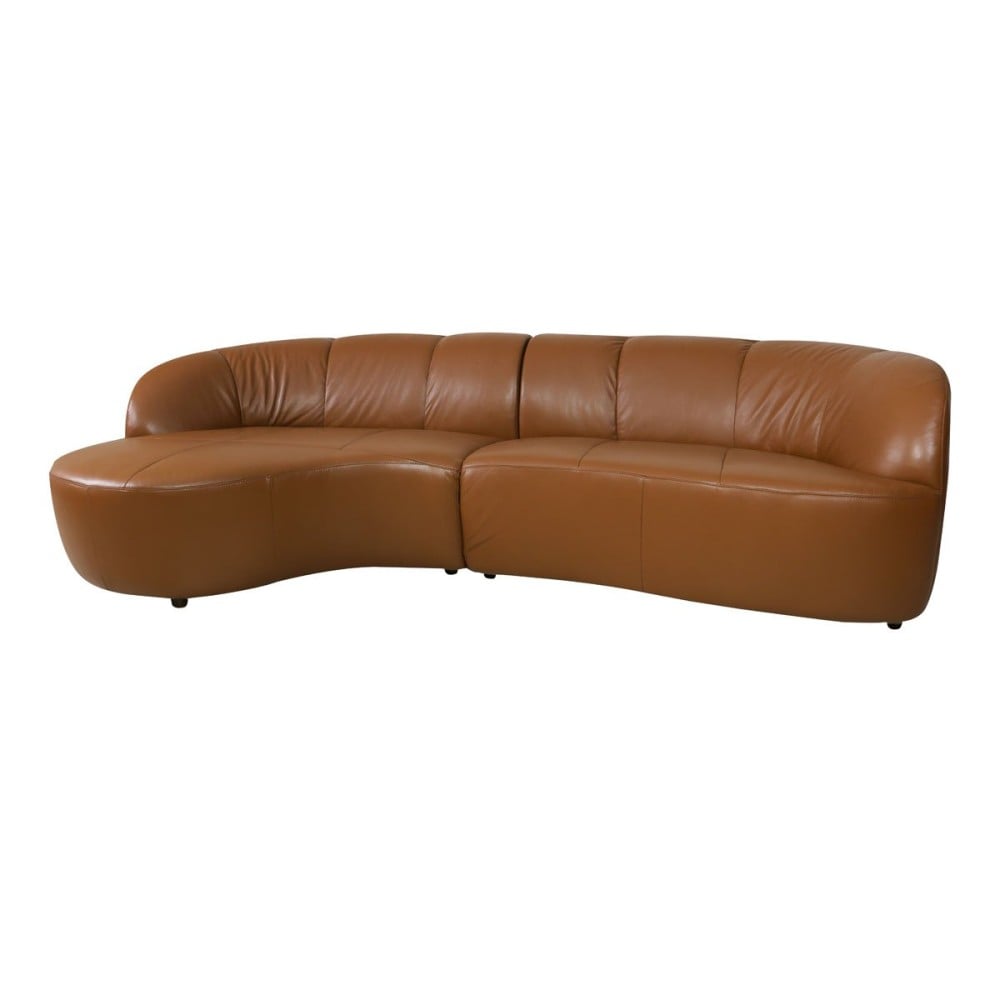 Sofá com Chaise Mosar 2 Módulos em Couro Legítimo com Encosto Curvo e Gomos Verticais