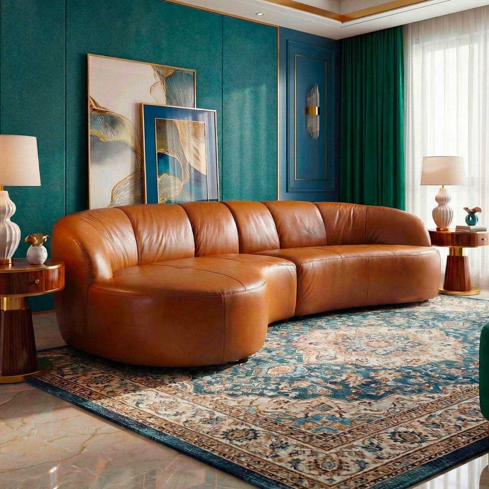 Sofá com Chaise Mosar 2 Módulos em Couro Legítimo com Encosto Curvo e Gomos Verticais