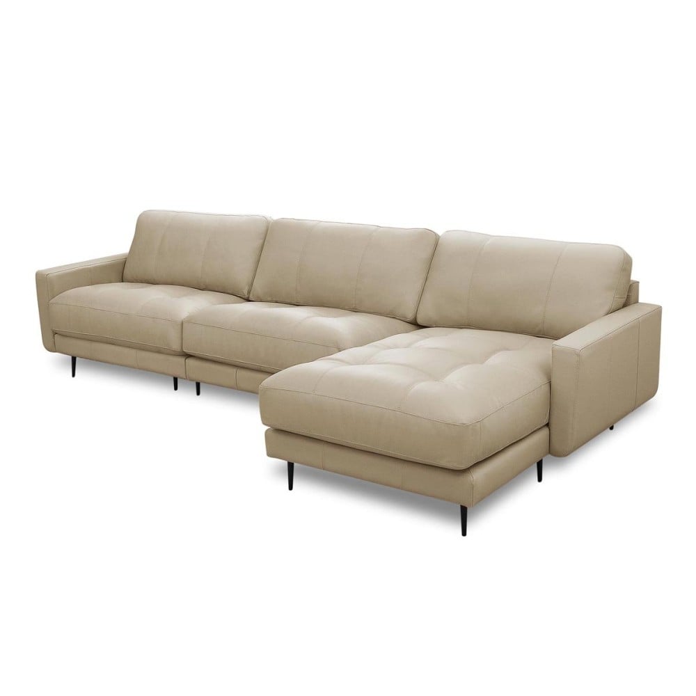 Sofá com Chaise Romulo 3 Módulos Couro Natural Almofadas Soltas Estrutura Madeira de Lei Eucalipto Pés em Aço Design Artesanal