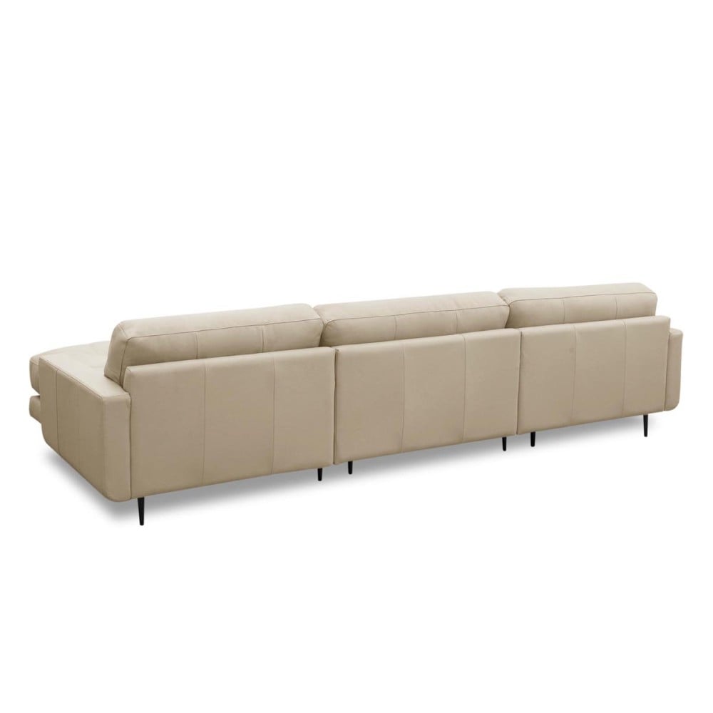 Sofá com Chaise Romulo 3 Módulos Couro Natural Almofadas Soltas Estrutura Madeira de Lei Eucalipto Pés em Aço Design Artesanal