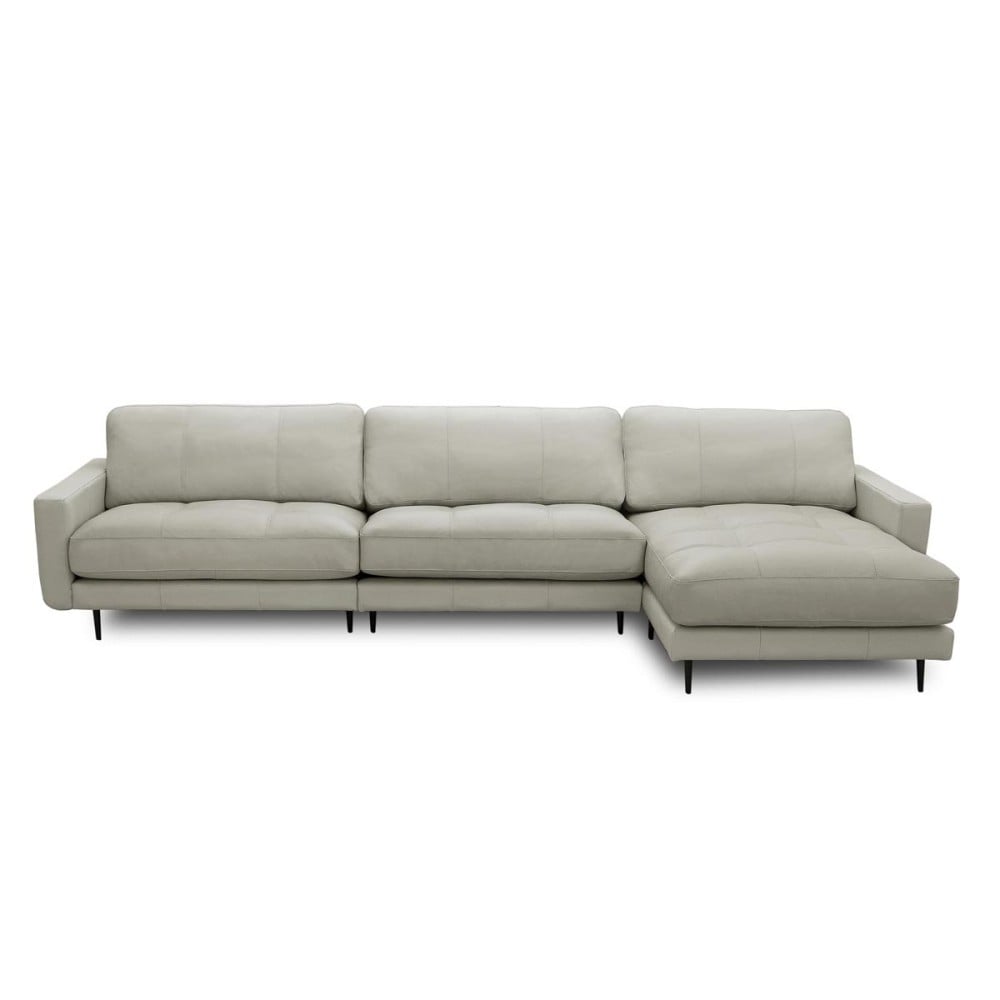 Sofá com Chaise Romulo 3 Módulos Couro Natural Almofadas Soltas Estrutura Madeira de Lei Eucalipto Pés em Aço Design Artesanal